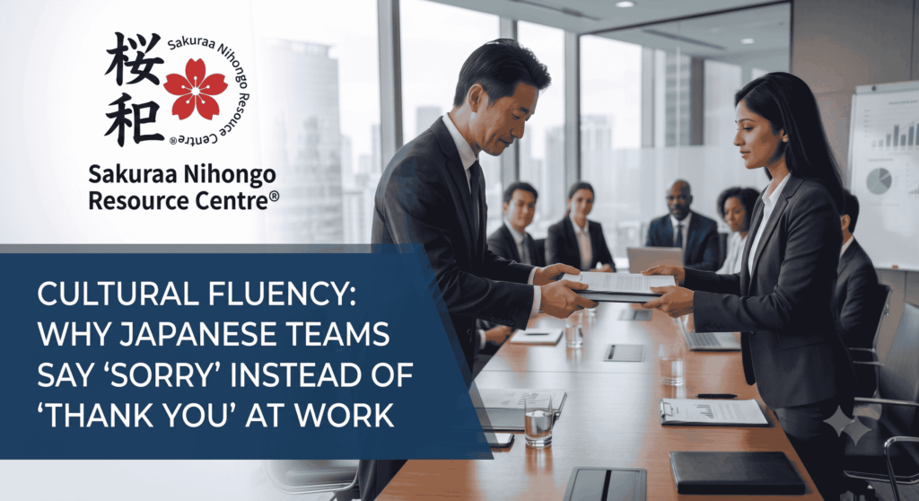 Japanese workplace etiquette — why Japanese professionals say sorry instead of thank you at work, illustrated with kanji for すみません and ありがとう.